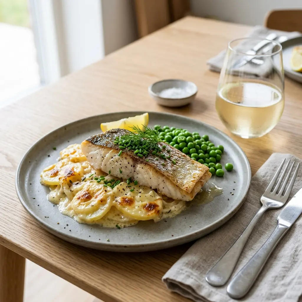 Kabeljau mit Kartoffelgratin fertig als Gericht serviert