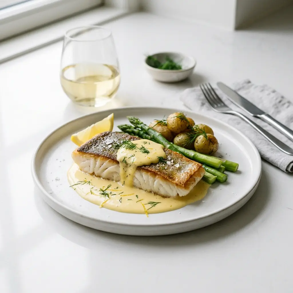 Kabeljau mit Sauce Hollandaise fertig als Gericht serviert
