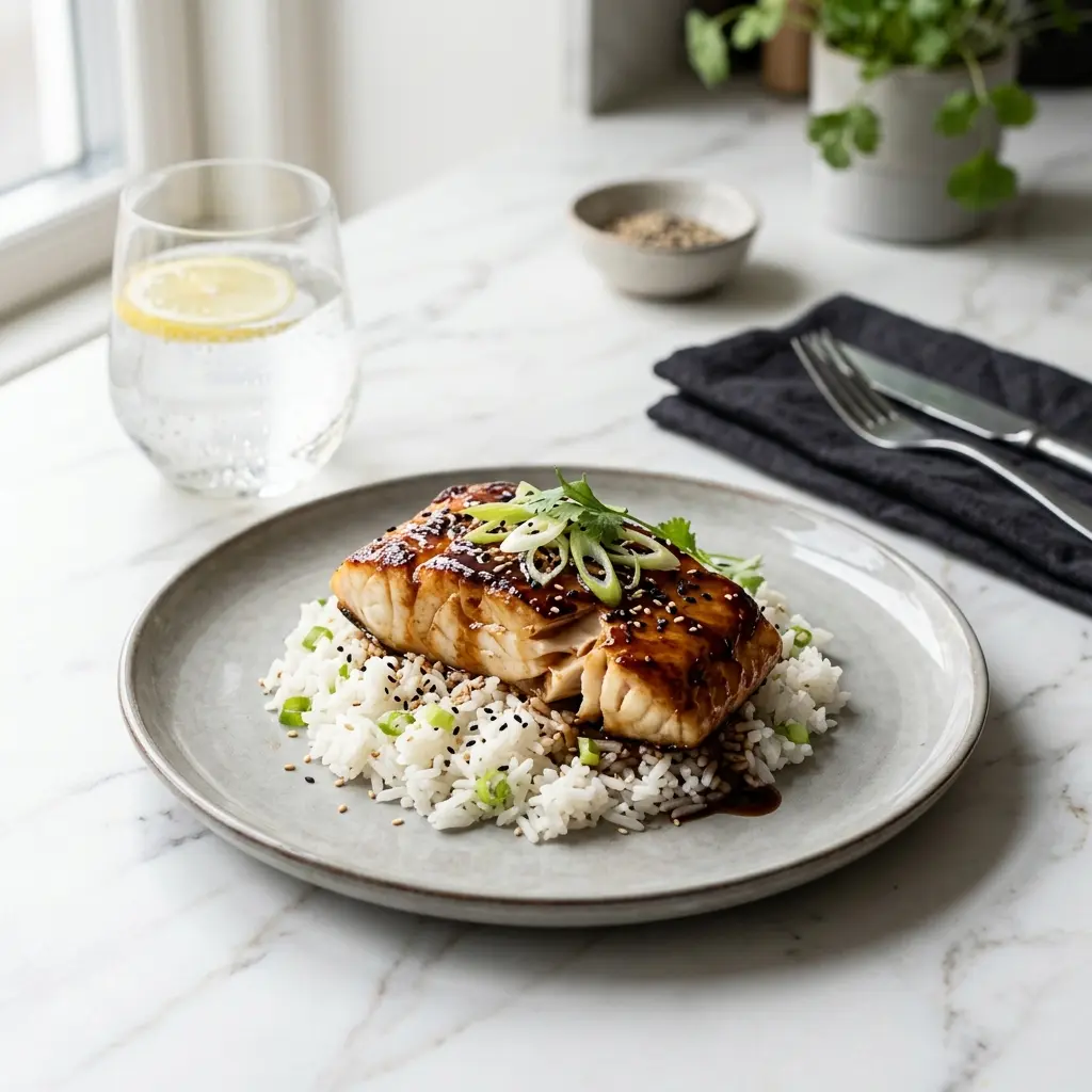 Kabeljau mit Teriyaki fertig als Gericht serviert