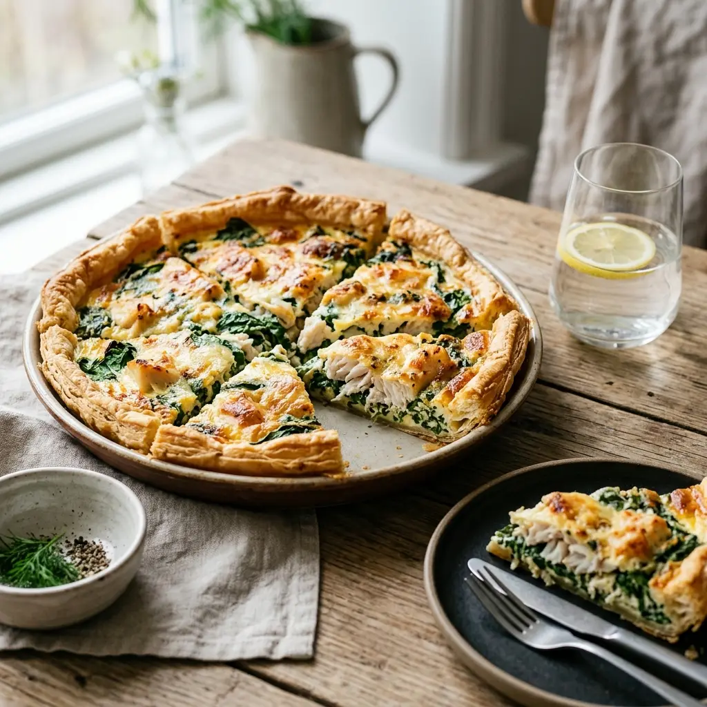 Kabeljau-Tarte mit Spinat fertig als Gericht serviert