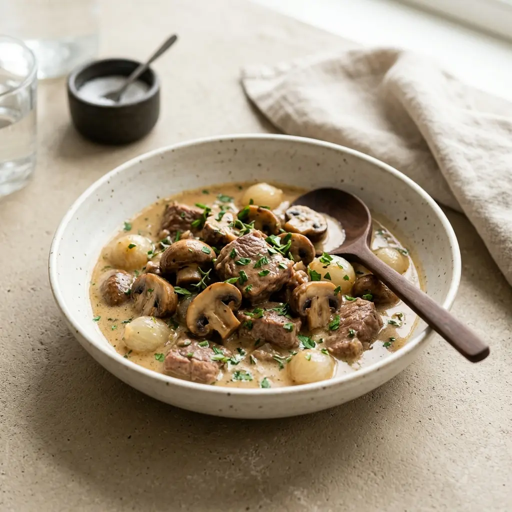 Kalbseintopf mit Champignons fertig als warme Suppe serviert