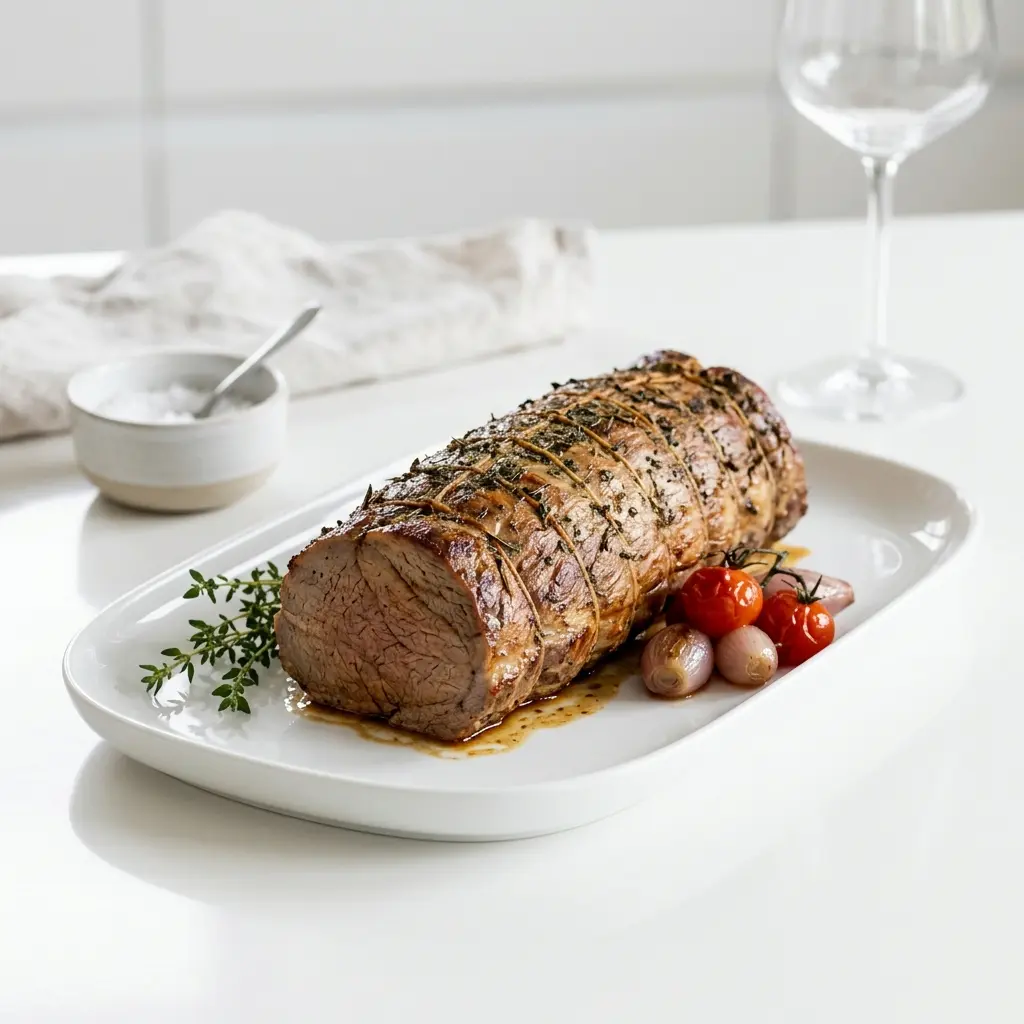 Kalbsrückenfilet aus dem Ofen fertig als Gericht serviert