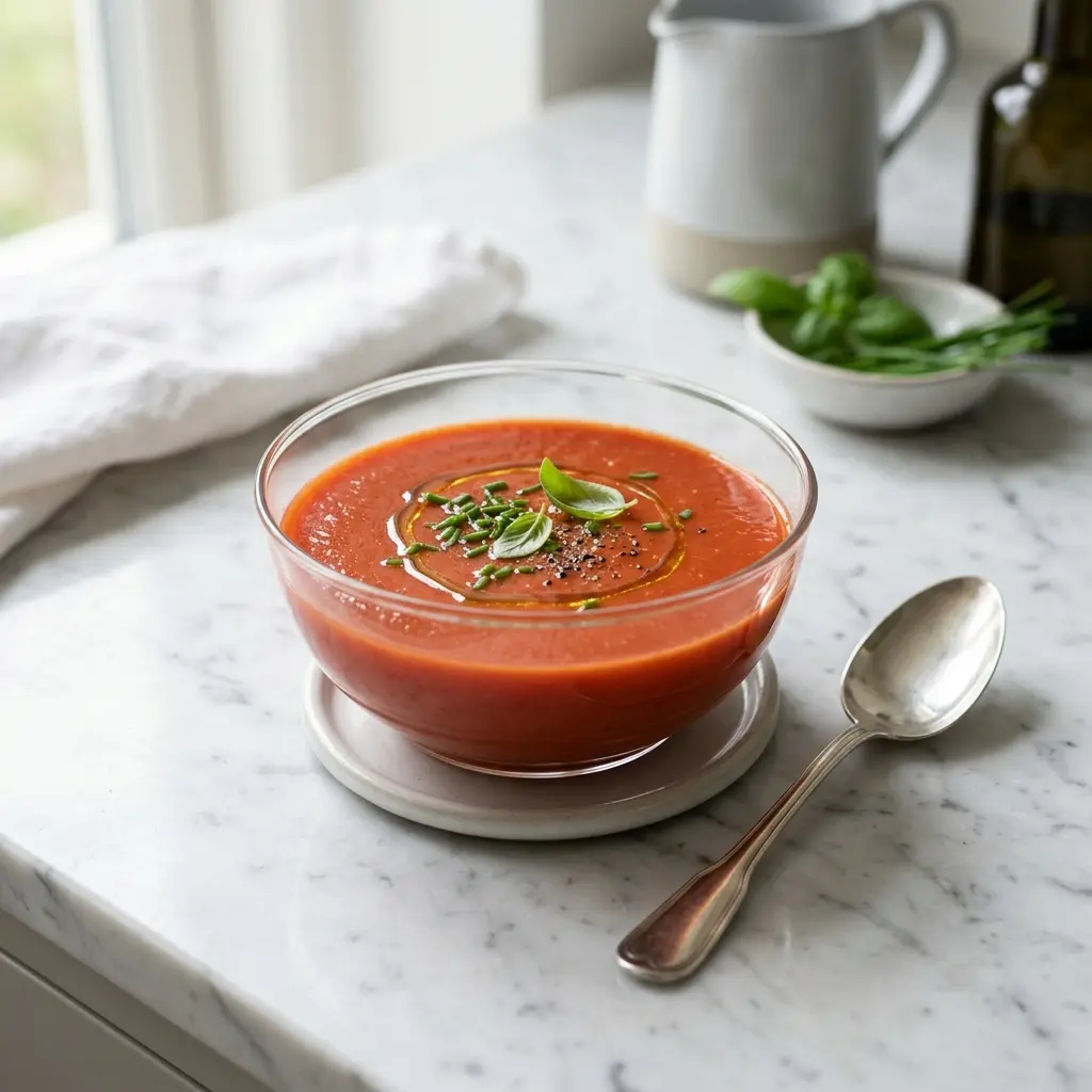 Eine warme Portion Kalte Tomatensuppe appetitlich serviert