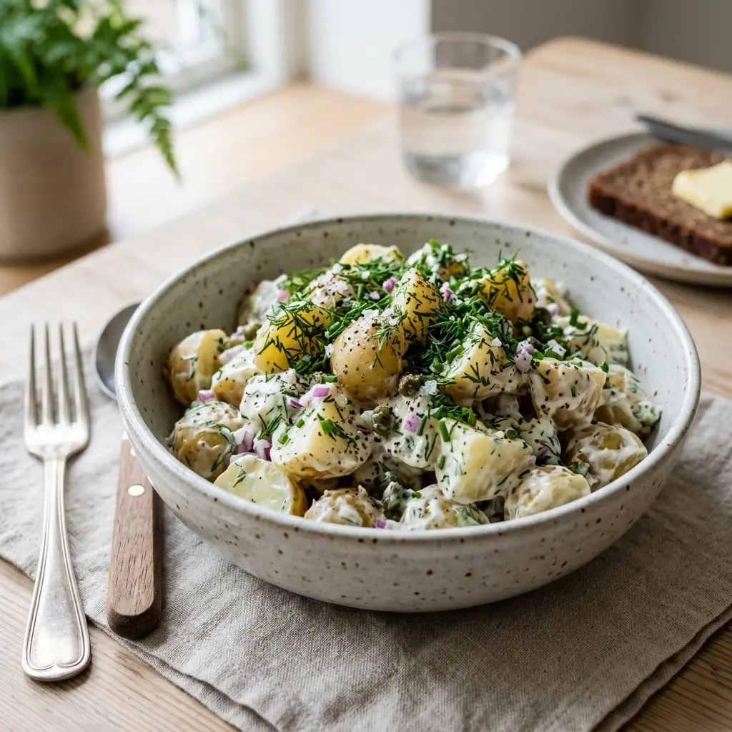Frische Portion Kalter Kartoffelsalat mit ansprechender hausgemachter Präsentation