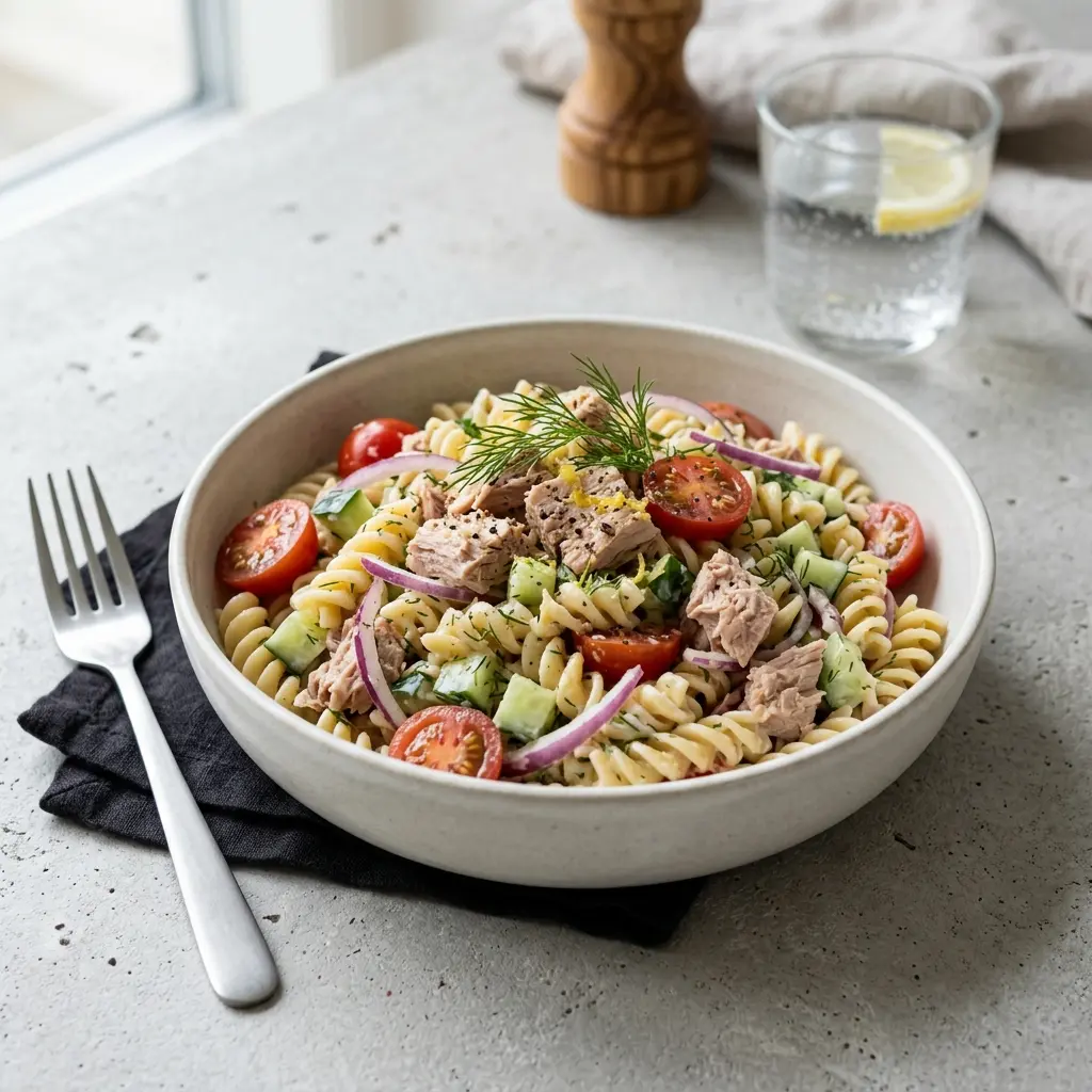 Frische Portion Kalter Pastasalat mit Thunfisch mit ansprechender hausgemachter Präsentation