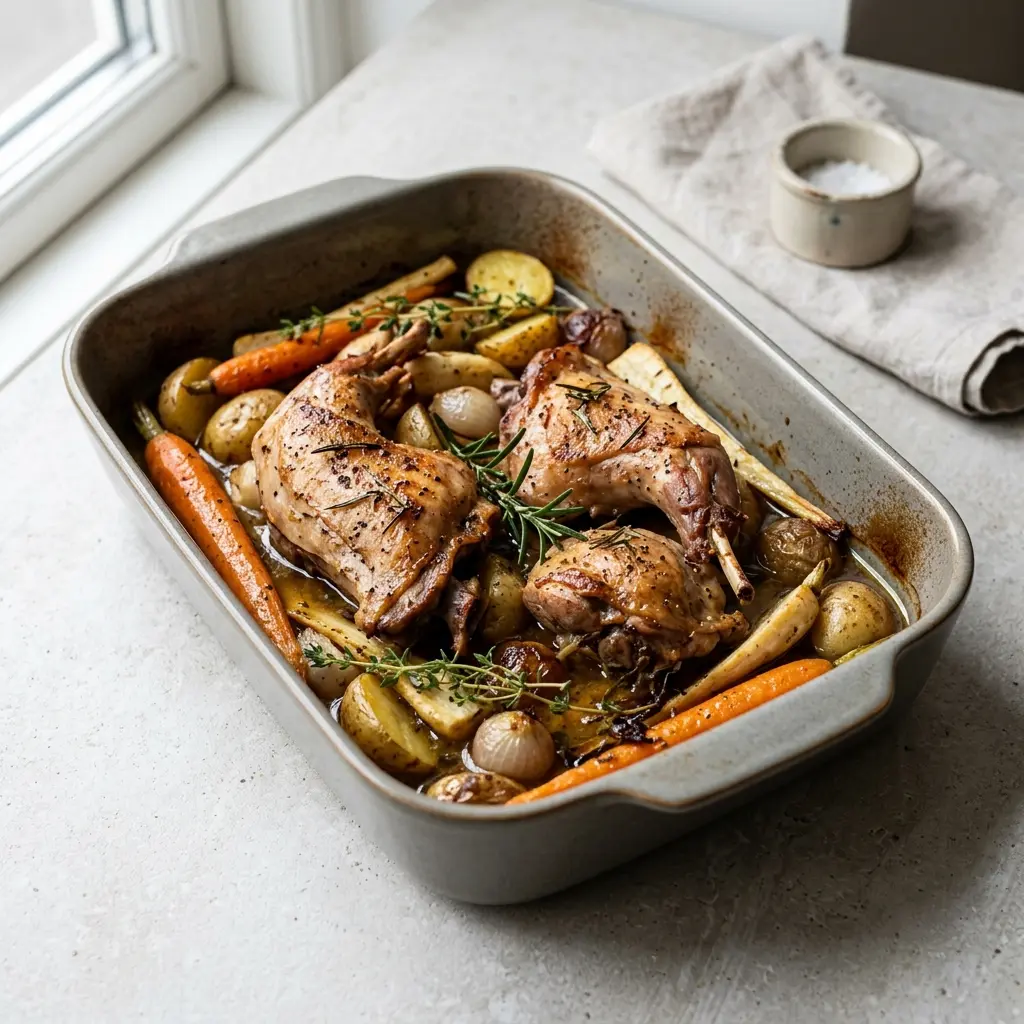 Kaninchen aus dem Ofen fertig als Gericht serviert