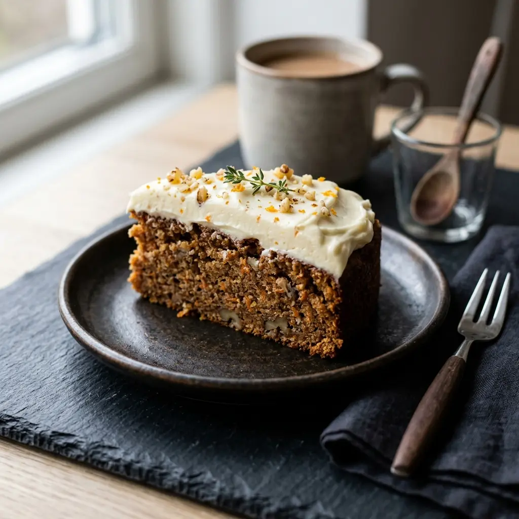 Karottenkuchen als süßes und hausgemachtes Dessert serviert
