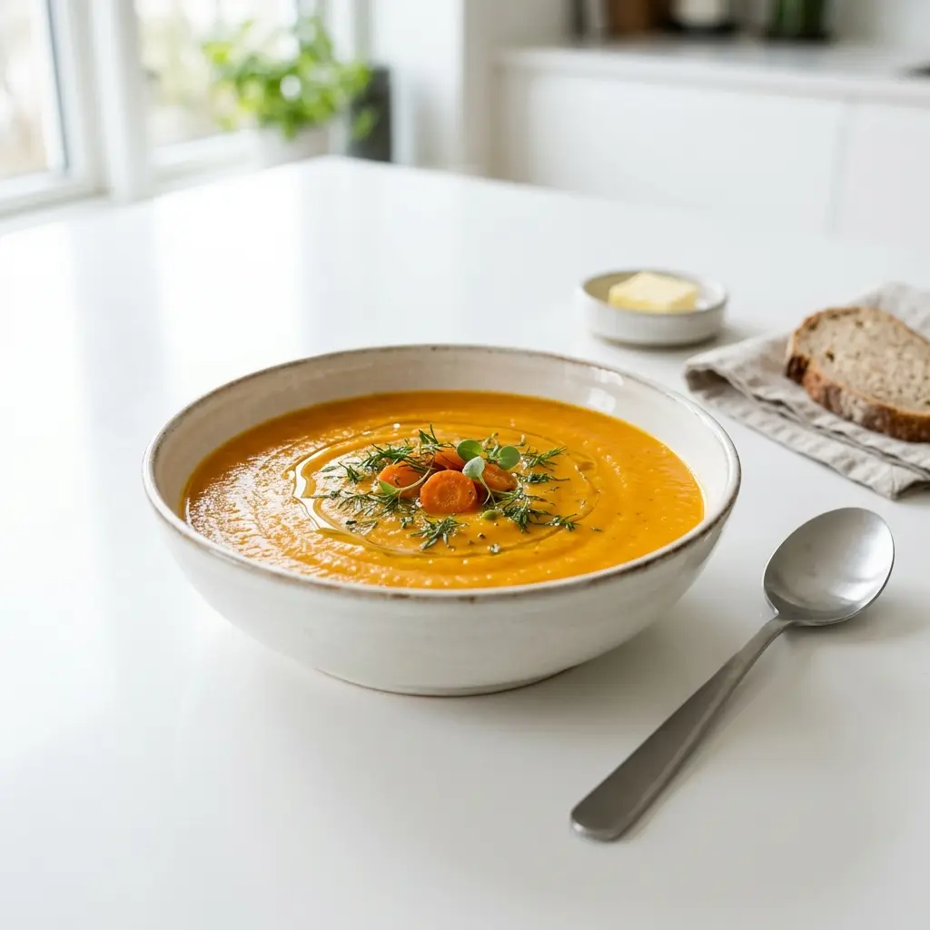 Eine warme Portion Karottensuppe appetitlich serviert