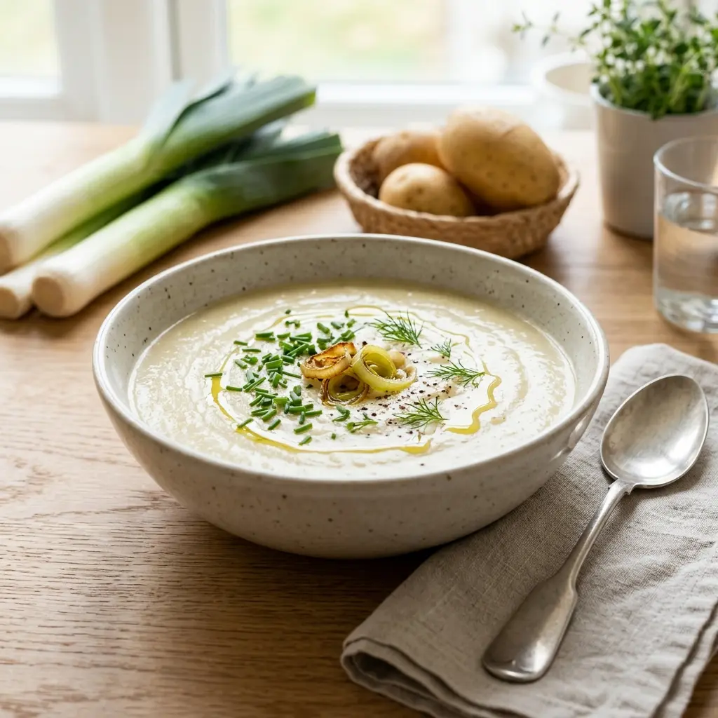 Eine warme Portion Kartoffel-Lauch-Suppe appetitlich serviert
