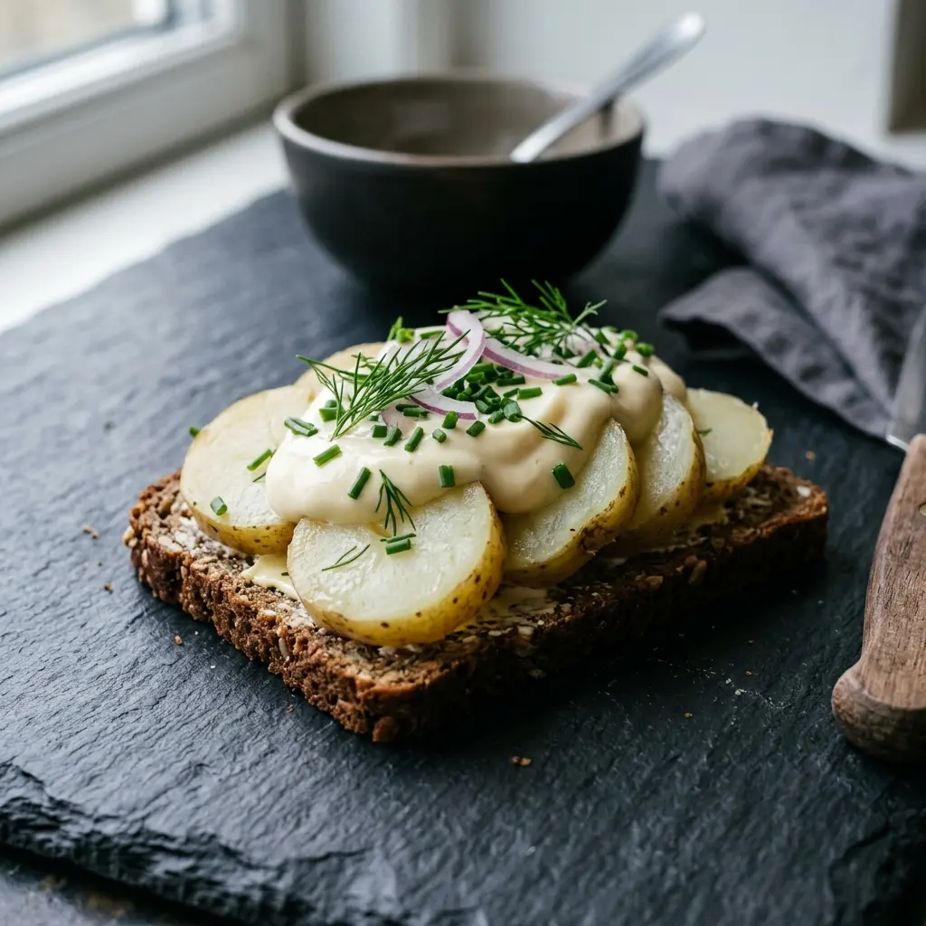 Eine Schale Kartoffelbrot mit Mayonnaise als geschmackvolle Beilage serviert