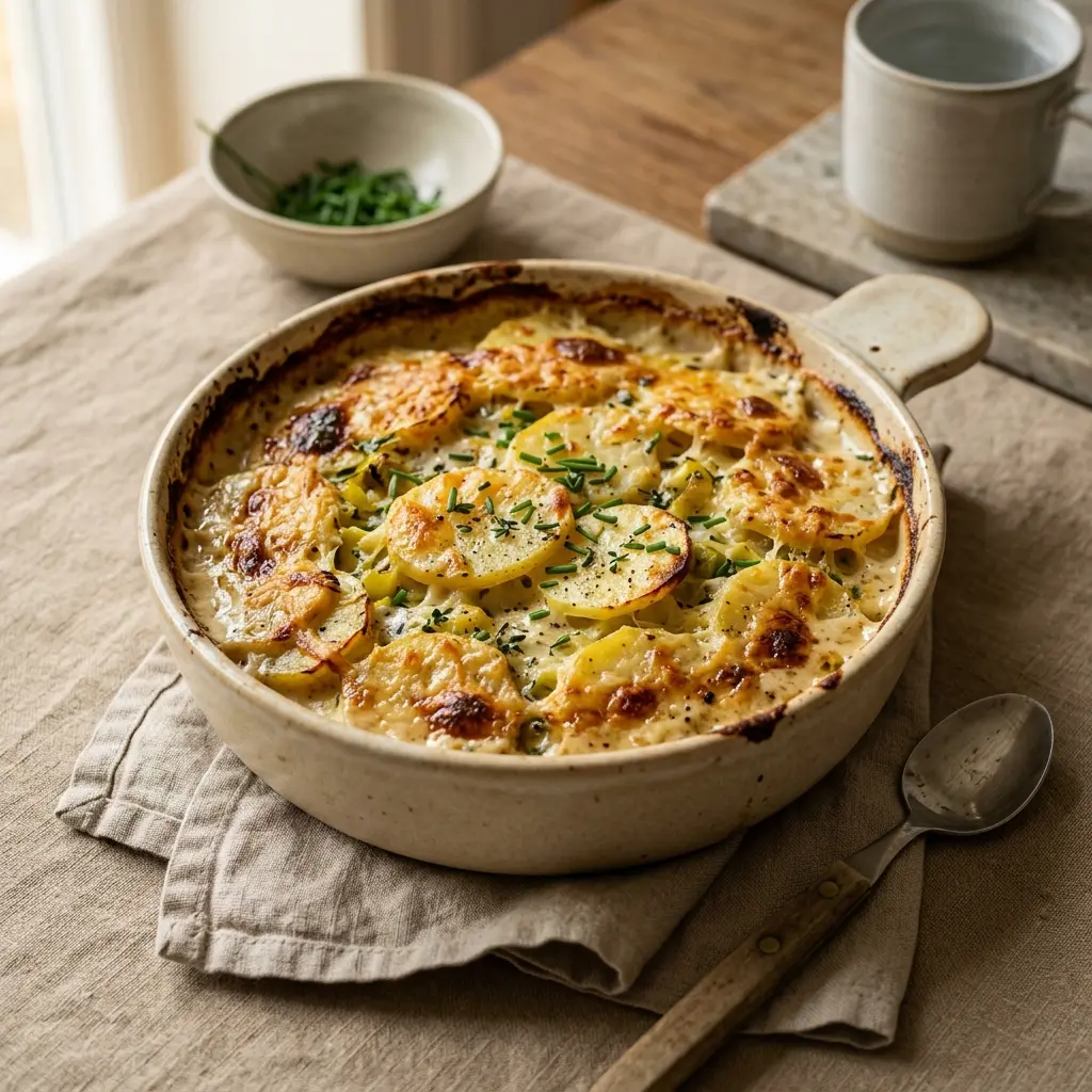 Kartoffelgratin mit Lauch fertig als Gericht serviert