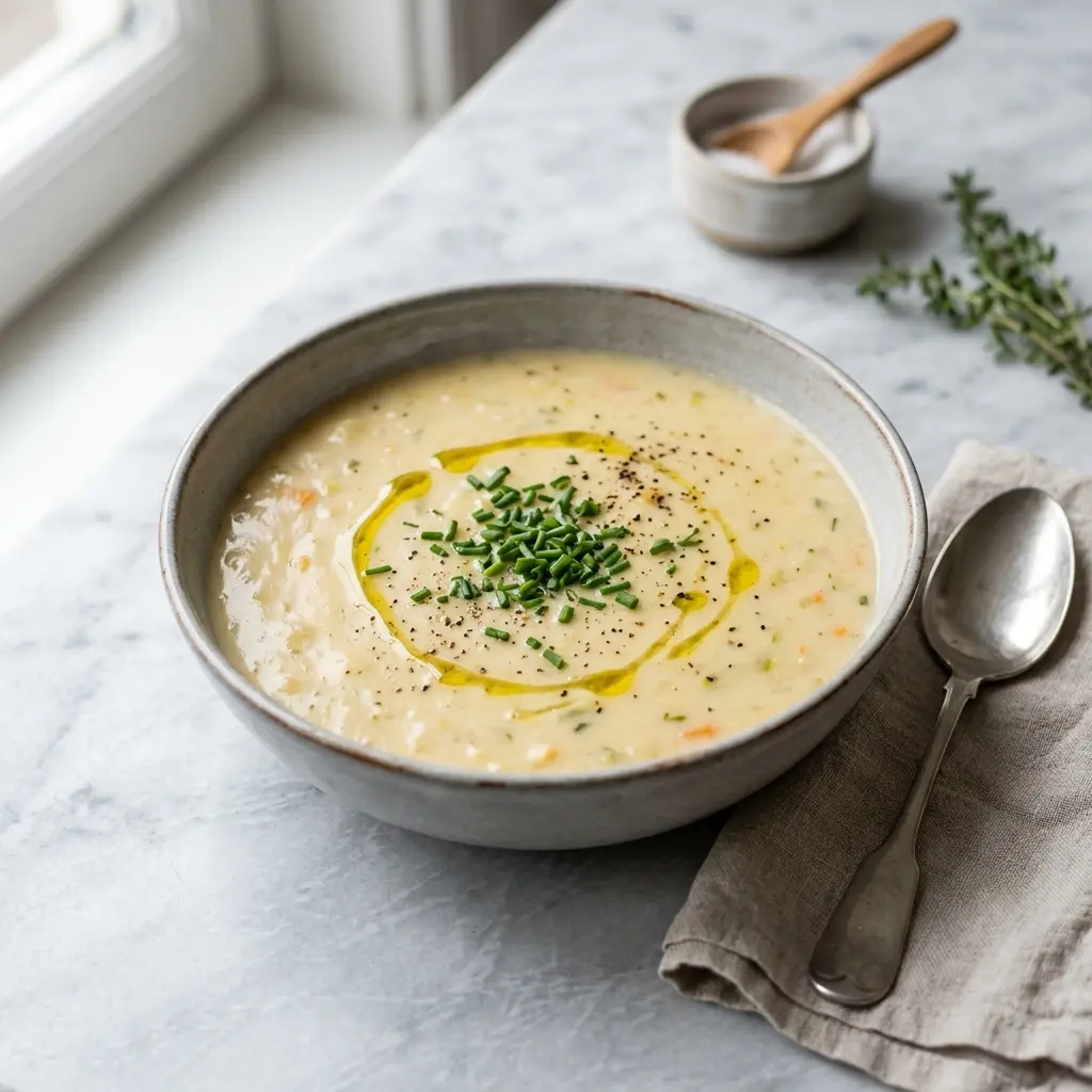 Eine warme Portion Kartoffelsuppe appetitlich serviert