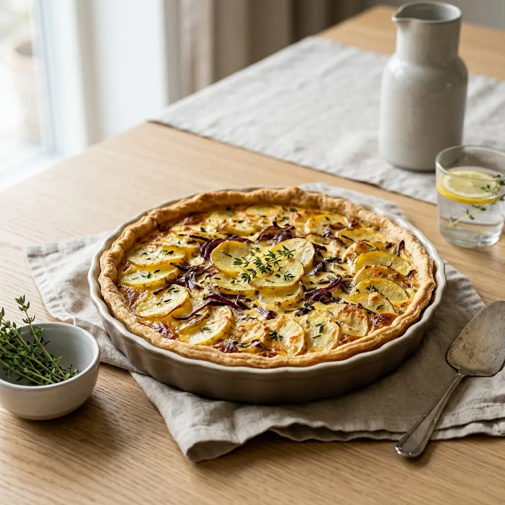 Kartoffeltarte mit Thymian als süßes und hausgemachtes Dessert serviert