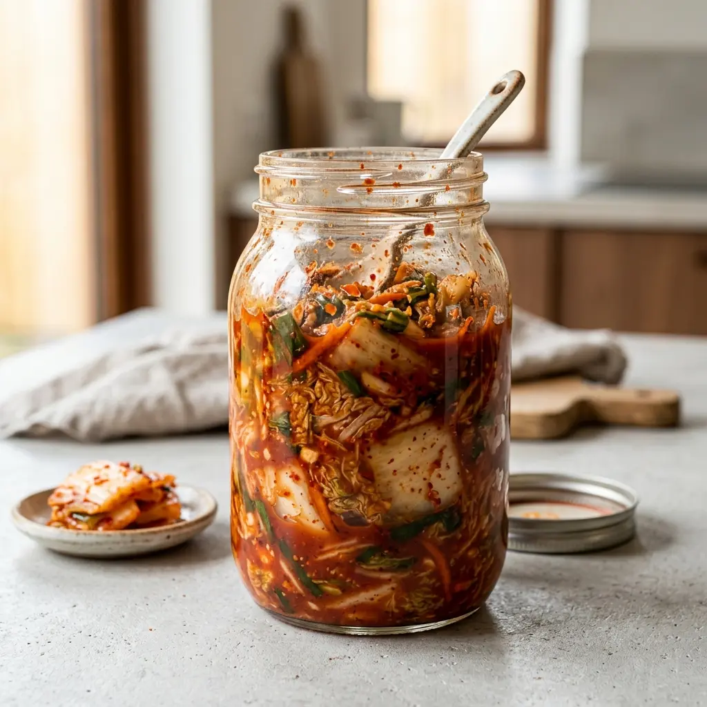 Kimchi fertig im Glas oder in einer Schale serviert