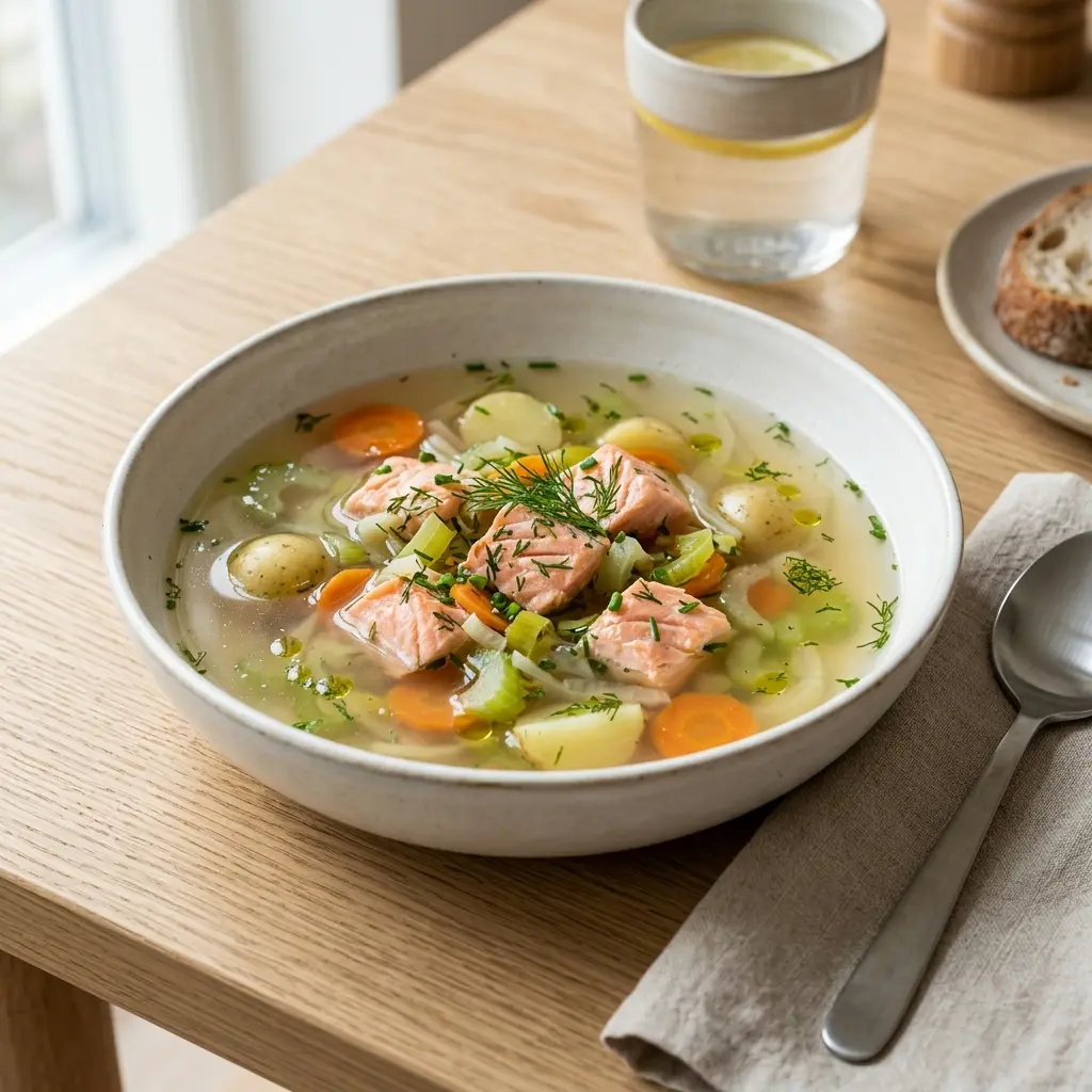 Eine warme Portion Klare Fischsuppe mit Lachs appetitlich serviert