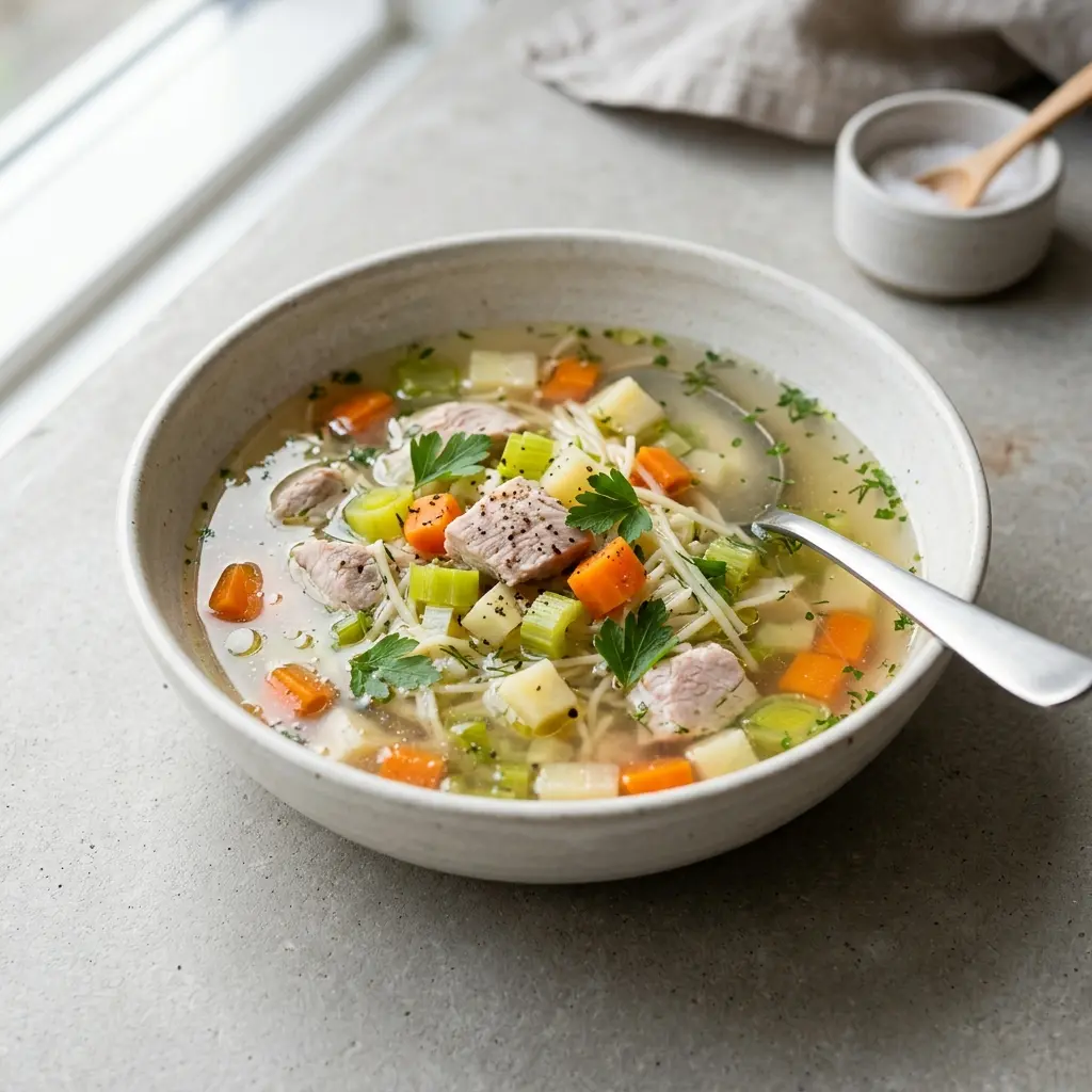 Eine warme Portion Klare Suppe mit Pute appetitlich serviert
