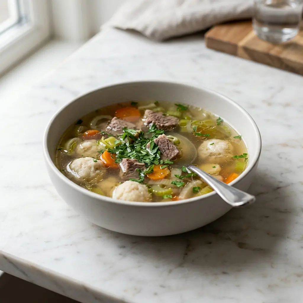 Eine warme Portion Klare Suppe mit Rindfleisch appetitlich serviert