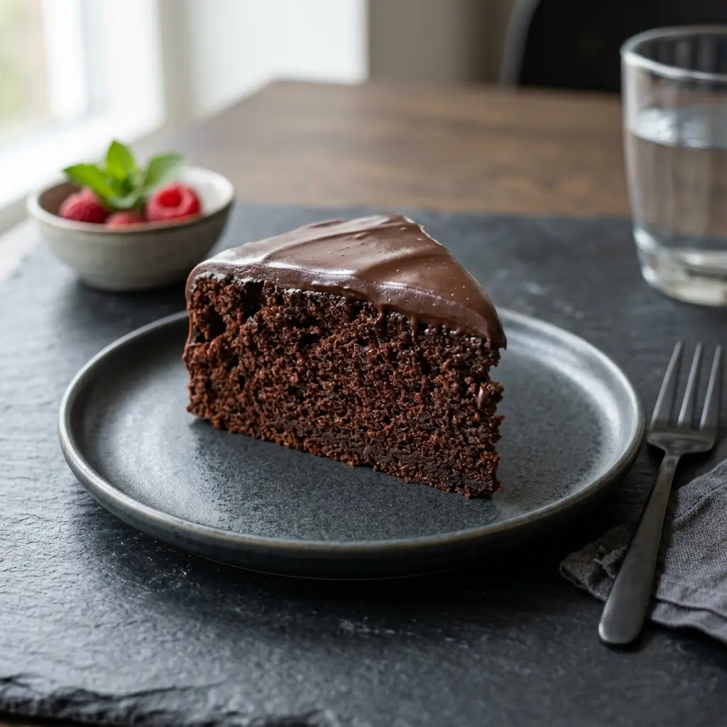 Klassischer Schokoladenkuchen als süßes und hausgemachtes Dessert serviert