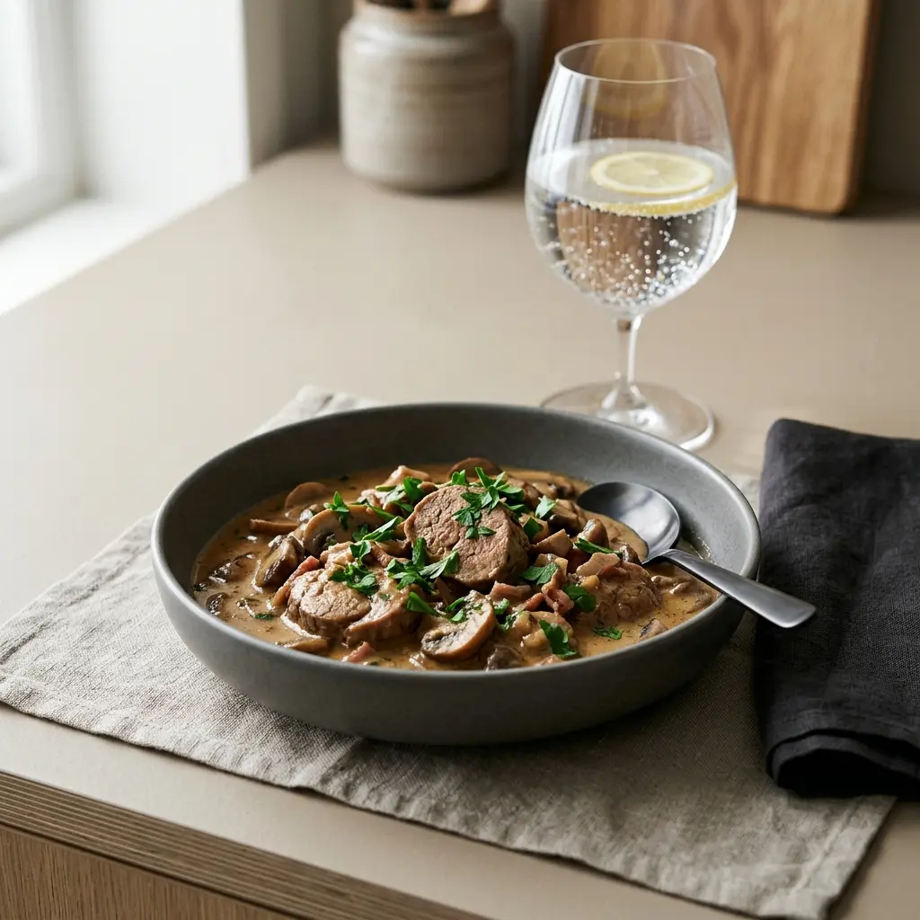 Klassischer Schweinefileteintopf fertig als warme Suppe serviert