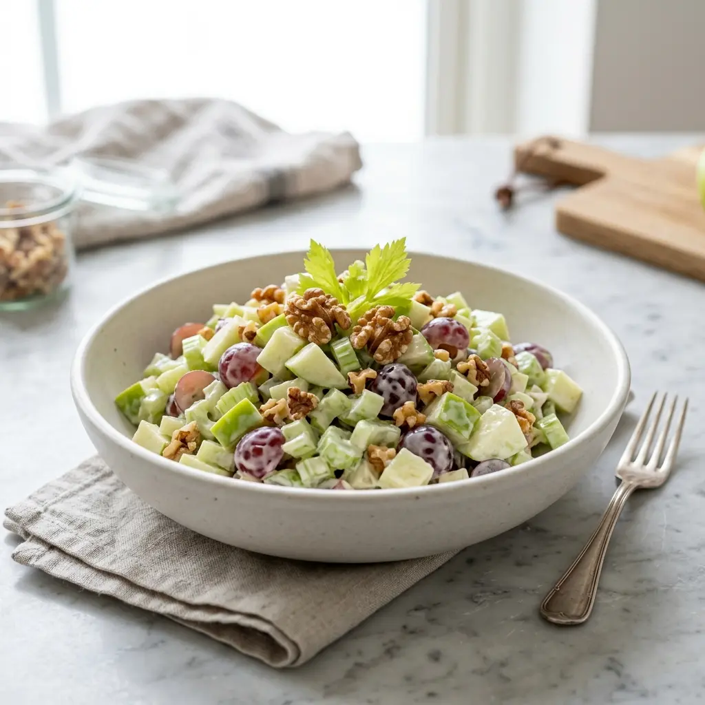 Frische Portion Klassischer Waldorfsalat mit ansprechender hausgemachter Präsentation