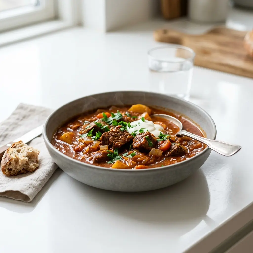 Klassisches Gulasch fertig als Gericht serviert