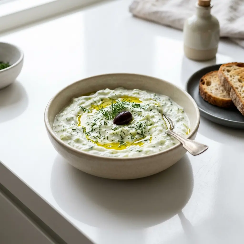 Klassisches Tzatziki fertig als Sauce oder Dip serviert