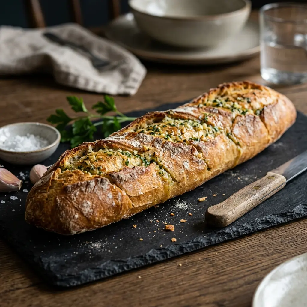 Serviervorschlag für Knoblauchbaguettes frisch und appetitlich angerichtet