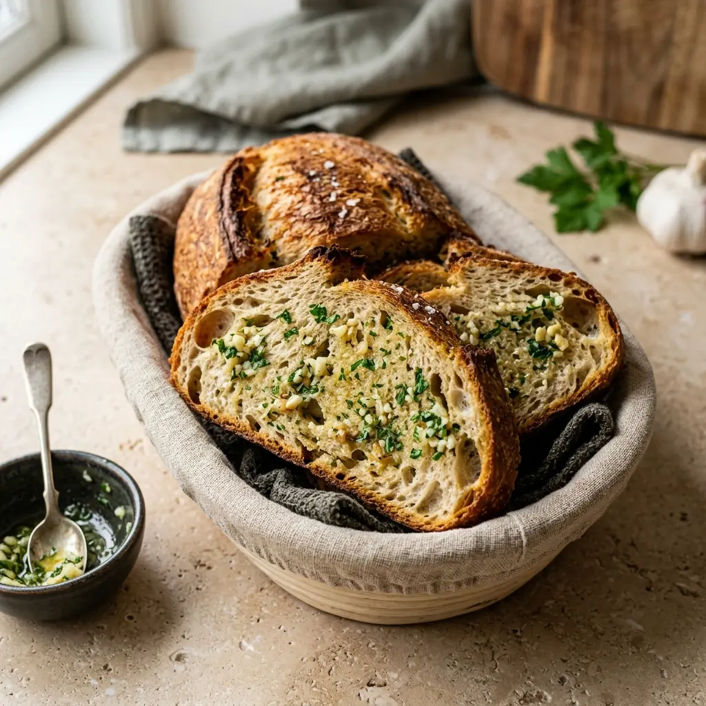 Serviervorschlag für Knoblauchbrot frisch und appetitlich angerichtet