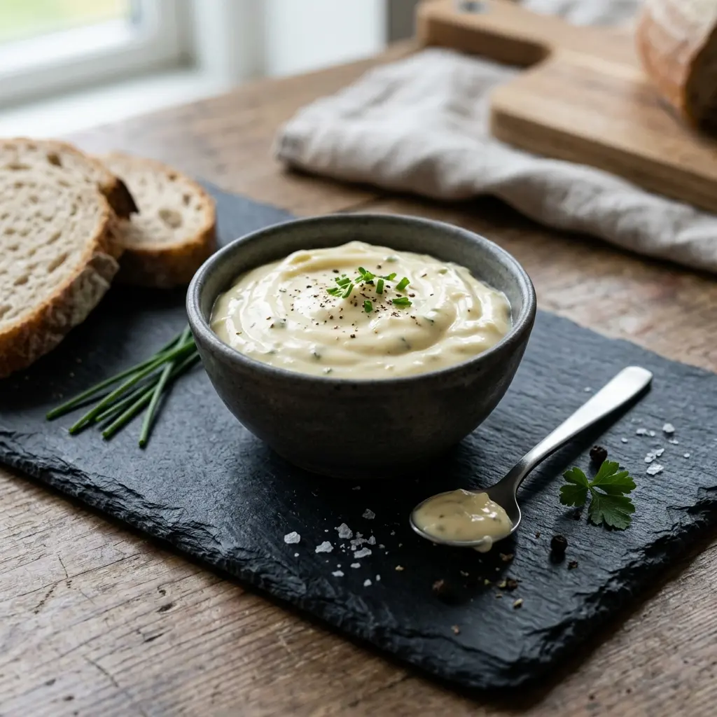 Eine Schale Knoblauchmayonnaise als geschmackvolle Beilage serviert