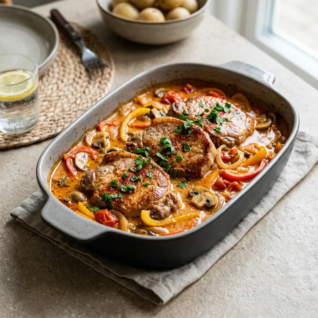 Koteletts aus der Auflaufform mit Paprika fertig als Gericht serviert