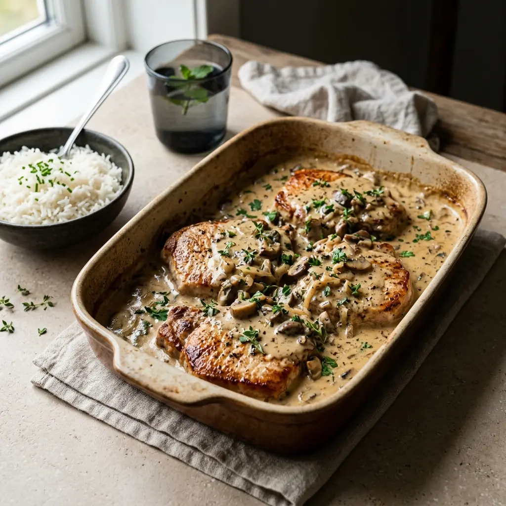 Koteletts aus der Auflaufform mit Sahnesauce fertig als Gericht serviert