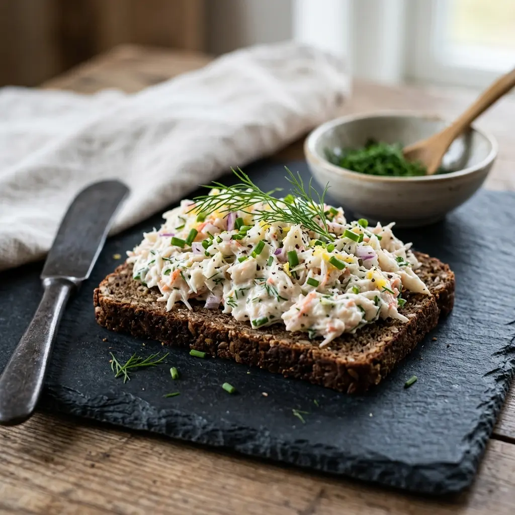 Krabbensalat für Roggenbrot fertig als Salat serviert