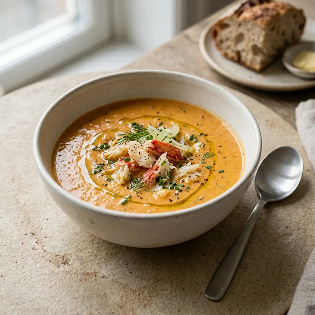 Eine warme Portion Krabbensuppe appetitlich serviert
