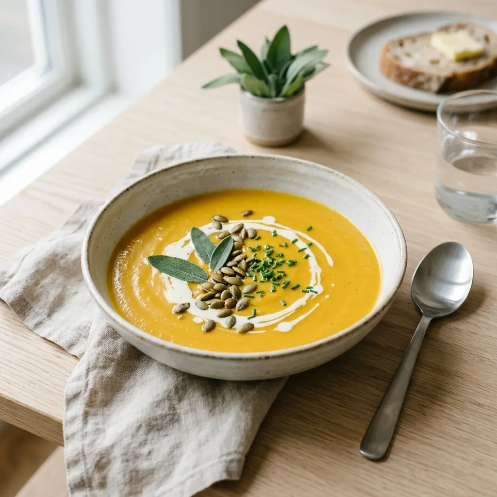 Eine warme Portion Kürbissuppe appetitlich serviert
