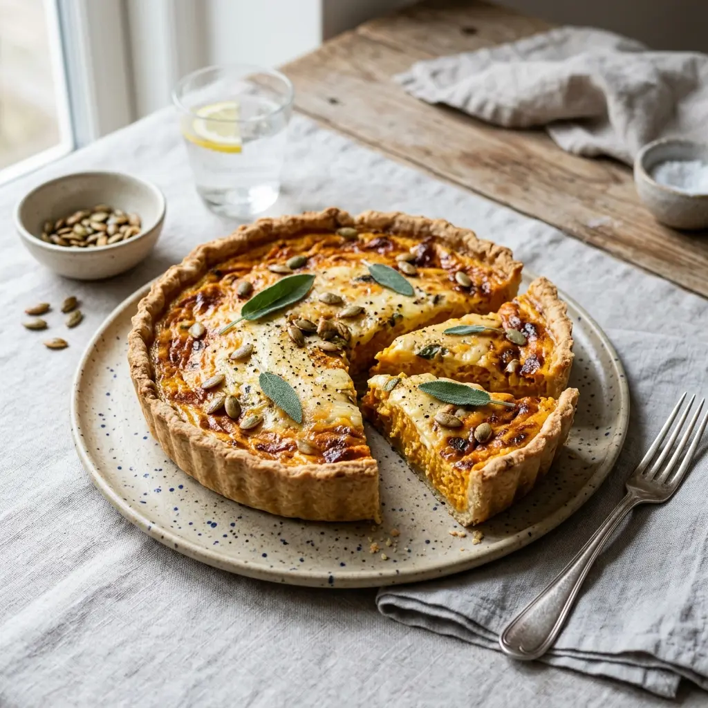 Kürbistarte als süßes und hausgemachtes Dessert serviert