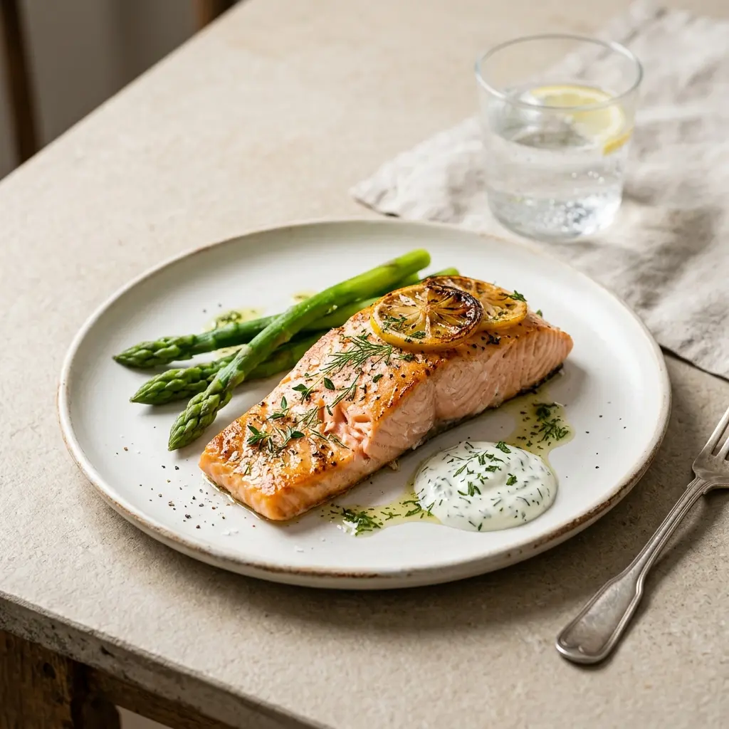 Lachs aus dem Ofen fertig als Gericht serviert