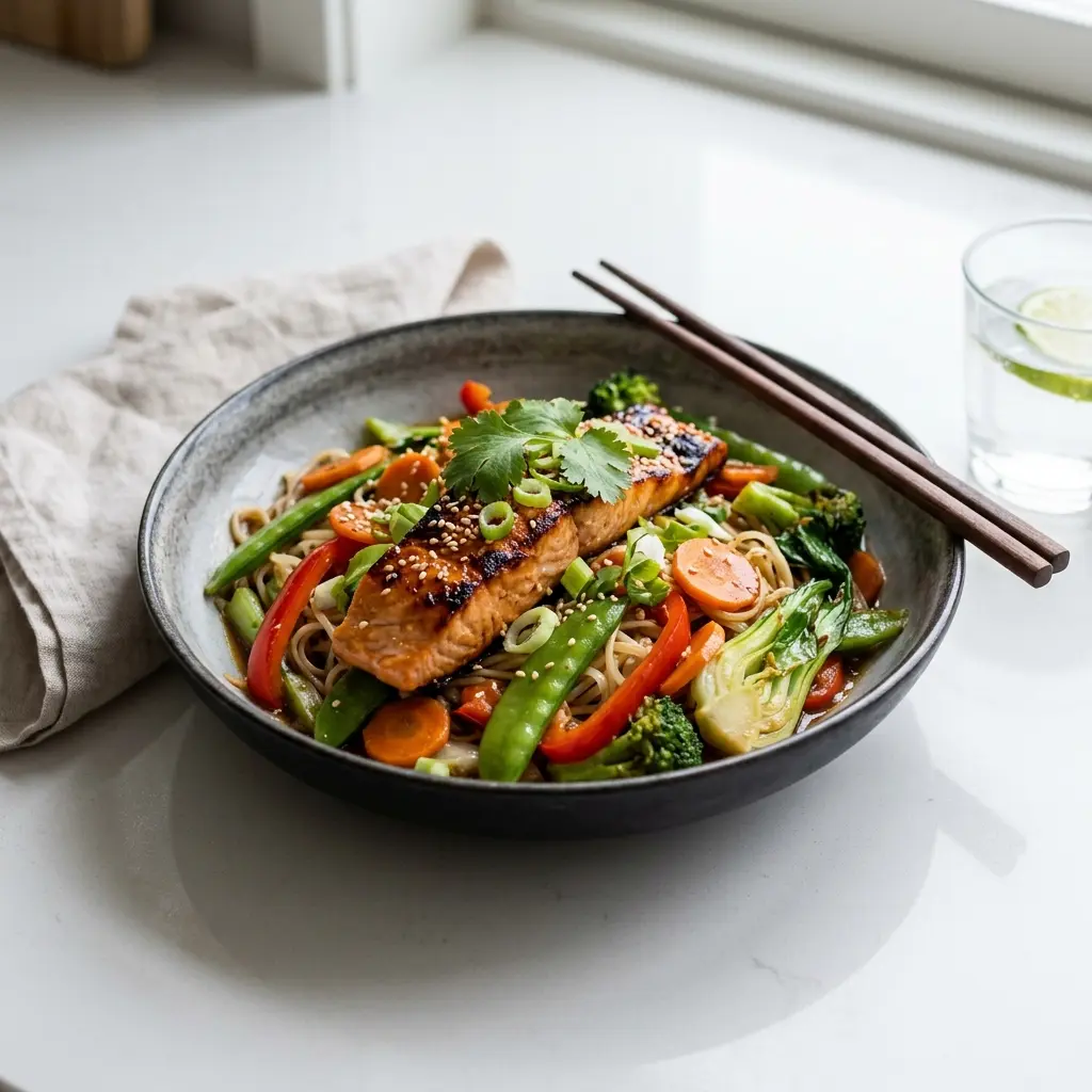 Lachs aus dem Wok fertig als Gericht serviert