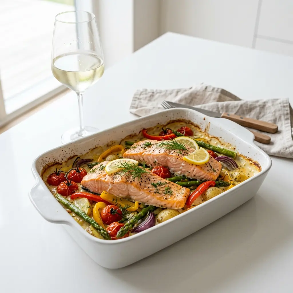 Lachs aus der Auflaufform mit Gemüse fertig als Gericht serviert