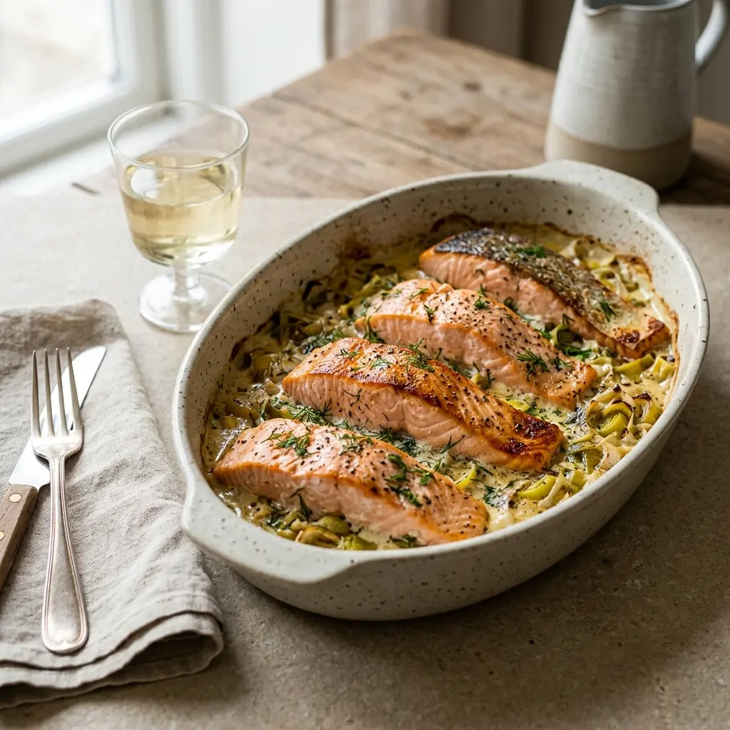 Lachs aus der Auflaufform mit Lauch fertig als Gericht serviert