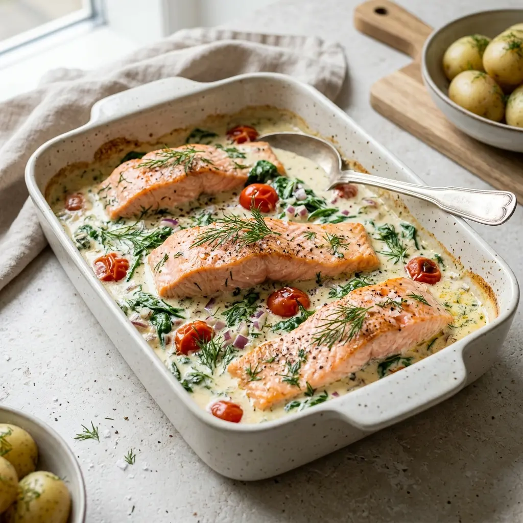 Lachs aus der Auflaufform mit Sahnesauce fertig als Gericht serviert