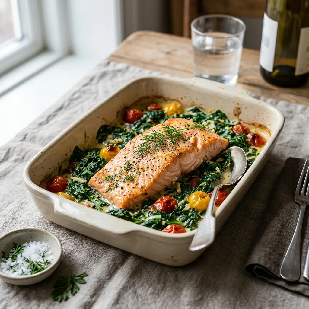 Lachs aus der Auflaufform mit Spinat fertig als Gericht serviert