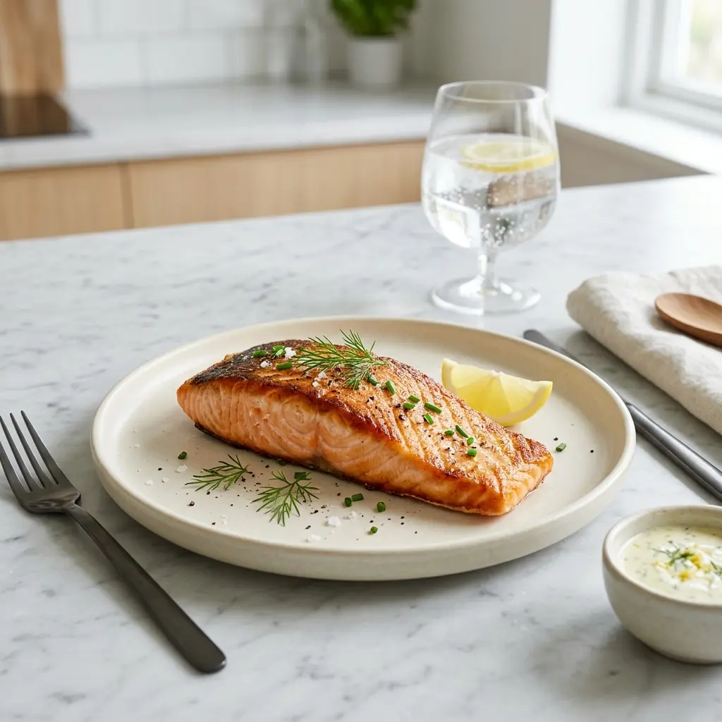 Lachs aus der Pfanne fertig als Gericht serviert
