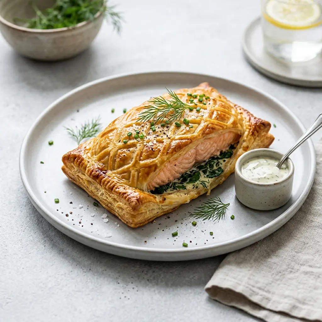 Lachs im Blätterteig fertig als Gericht serviert