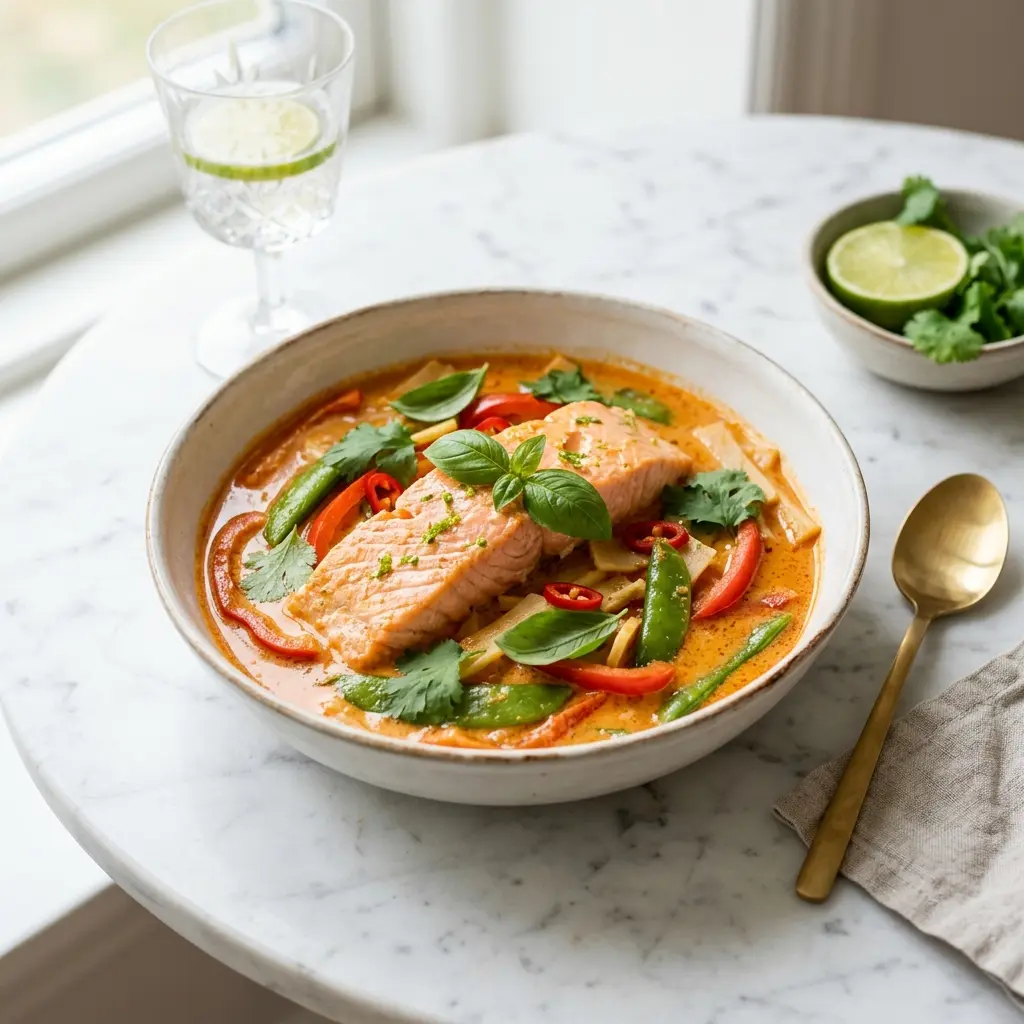 Lachs in rotem Curry fertig als Gericht serviert