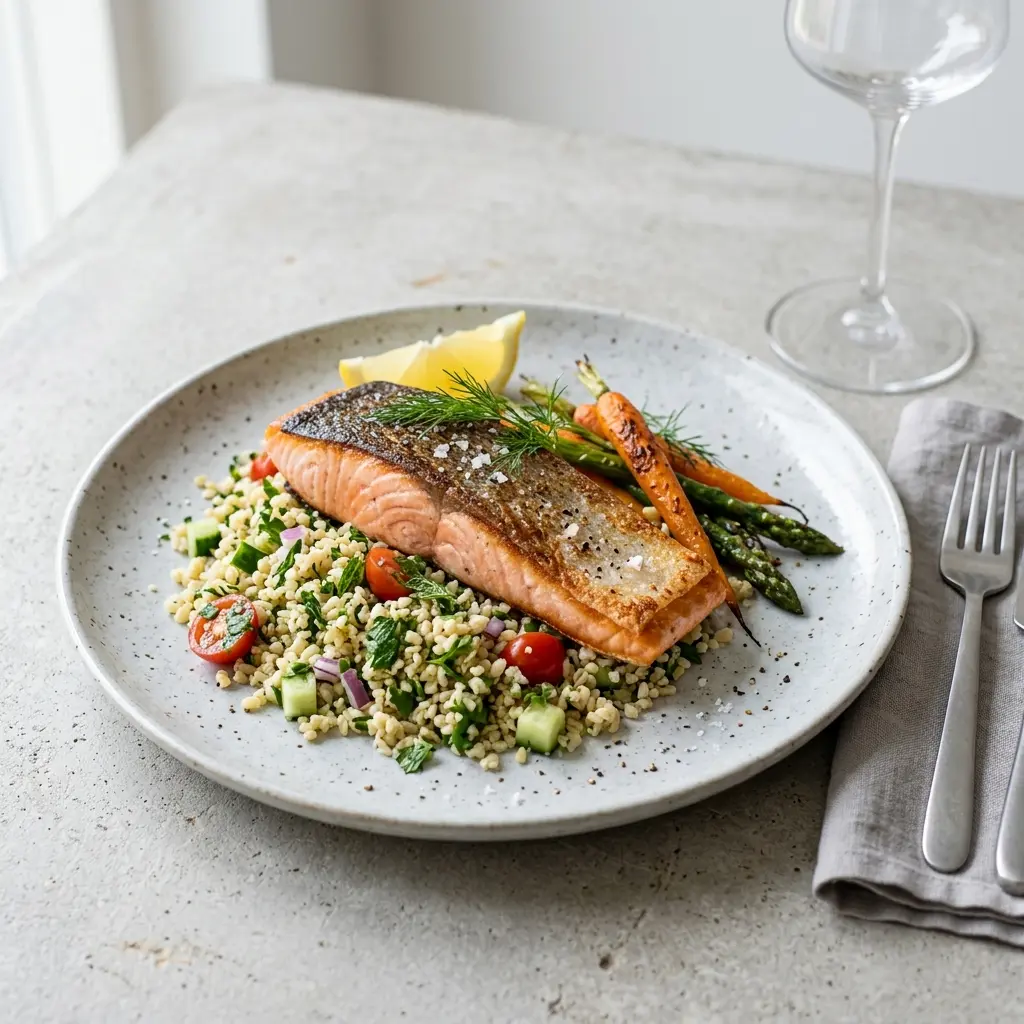 Lachs mit Bulgur fertig als Gericht serviert