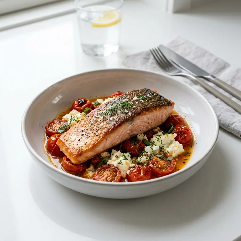 Lachs mit Feta und Tomaten fertig als Gericht serviert