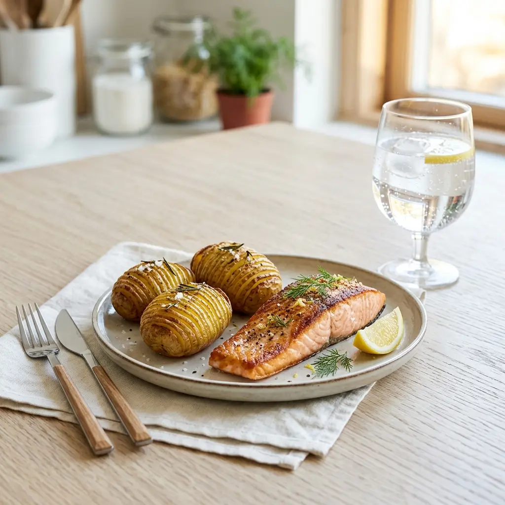 Lachs mit Hasselback-Kartoffeln fertig als Gericht serviert