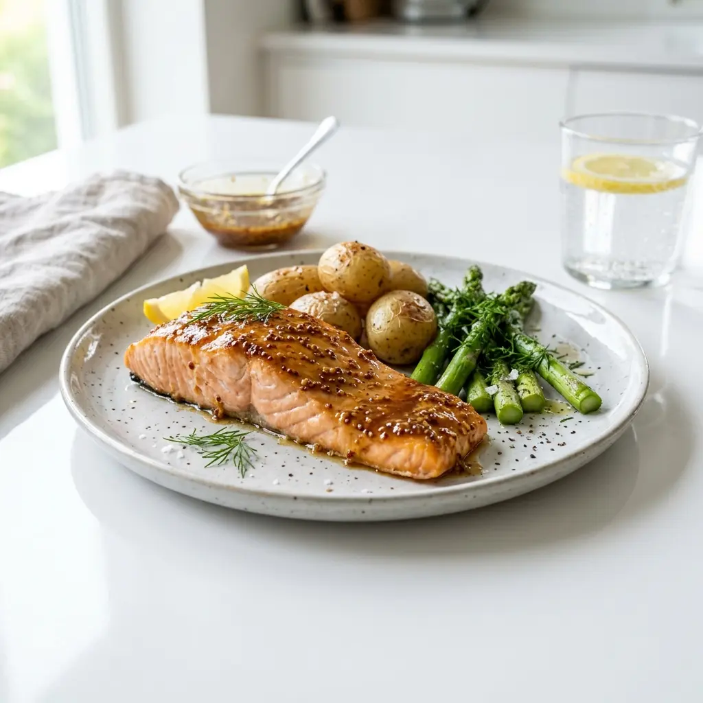 Lachs mit Honig und Senf fertig als Gericht serviert