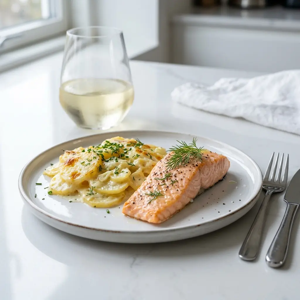 Lachs mit Kartoffelgratin fertig als Gericht serviert