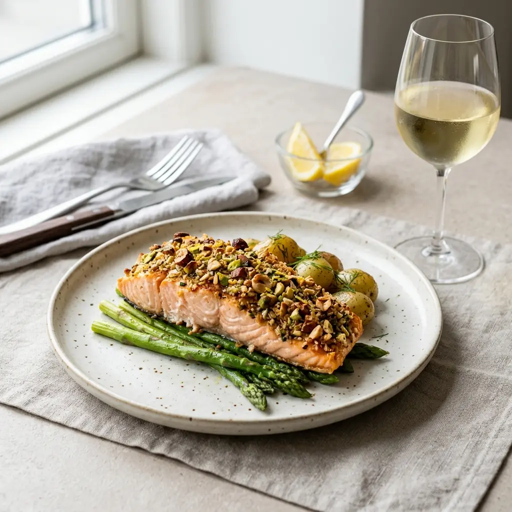 Lachs mit Nusskruste fertig als Gericht serviert